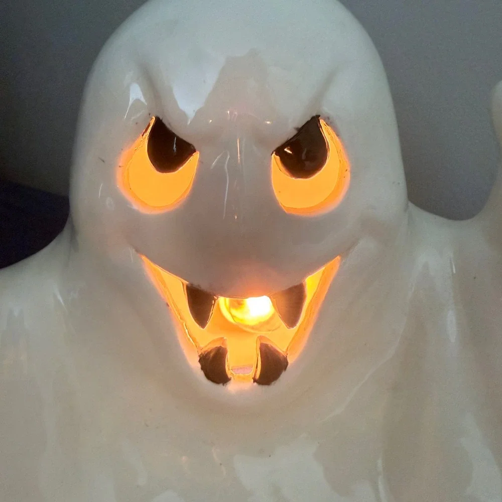 Vintage 90s Halloween Ghost Candy Bowl Light Up  Ceramic White Spooky Boo Decor